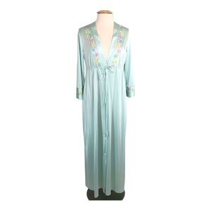 Montgomery Ward Semi Sheer Satin Robe Embroidered Trim Button Small Vintage